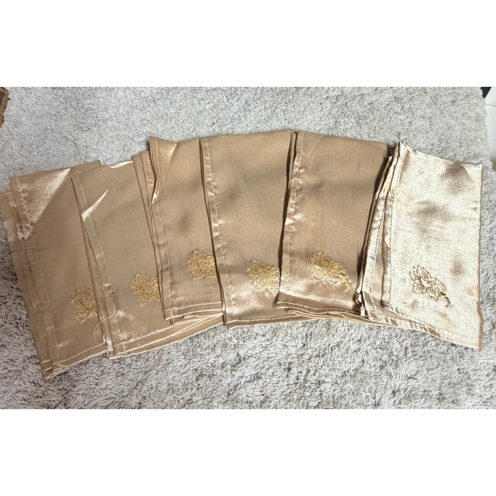 Vintage Set 6 Champagne Satin Dinner Napkins‎ 17x17 Gold Embroidered Floral READ